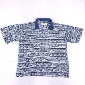 Natural Issue Polo Shirt Large Vintage Floral Band Print Blue 90s Boho Gorpcore